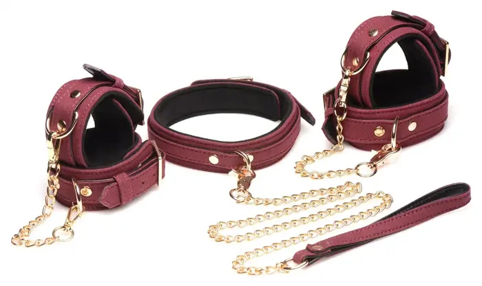 6-teiliges BDSM-Wildleder-Fessel-Set mit Halsband und Riemen – Burgandy