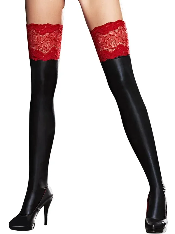7-Heaven Wetlook-Spitzen-Strapsstrümpfe, schwarz/rot