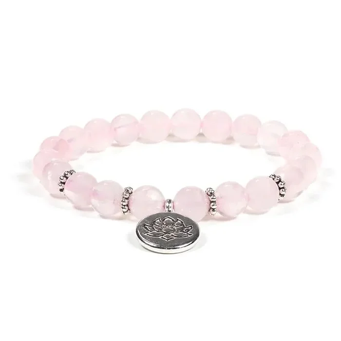 Armband / Mala – Rosenquarz 21-Perlen mit Lotus – elastisch