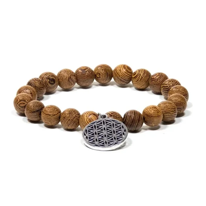 Armband / Mala – Wengéholz 21-Perlen mit Blume des Lebens – elastisch