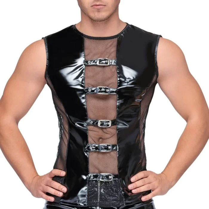 Ärmelloses Shirt aus bi-elastischem Lack und Netz