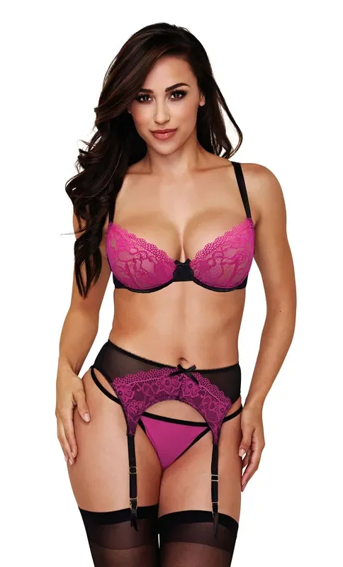 Baci – 3-teiliges Strumpfhalterset – Rosa/Schwarz