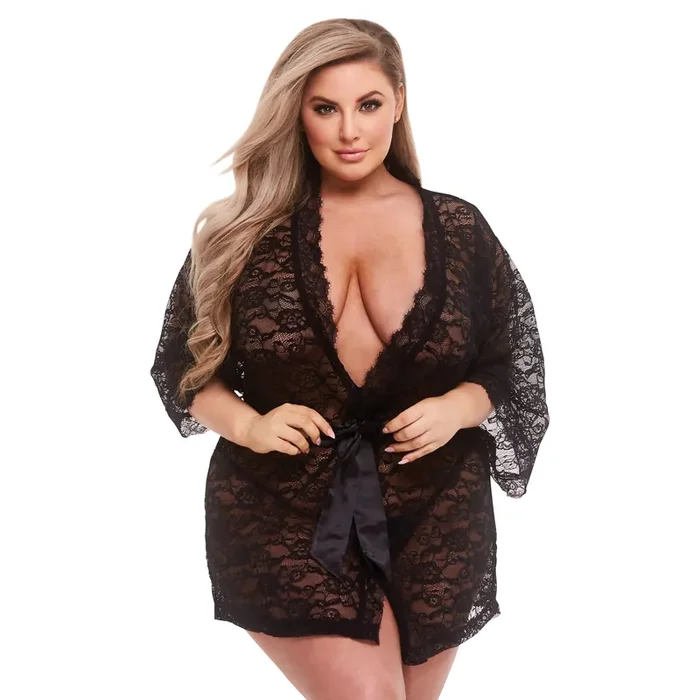Baci – Allover Lace & Satin Robe Black Queen