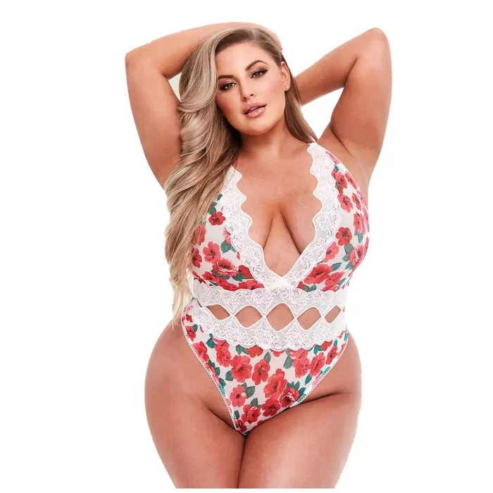 Baci – Weißer String-Spitzen-Bodysuit mit Blumenmuster – Für Kurven
