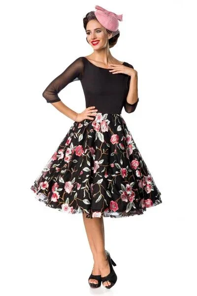 Besticktes Swingkleid Schwarz/Rosa