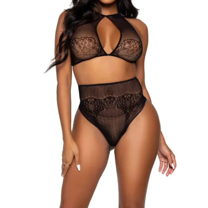 BH aus Netz und Spitze plus High-Waist String