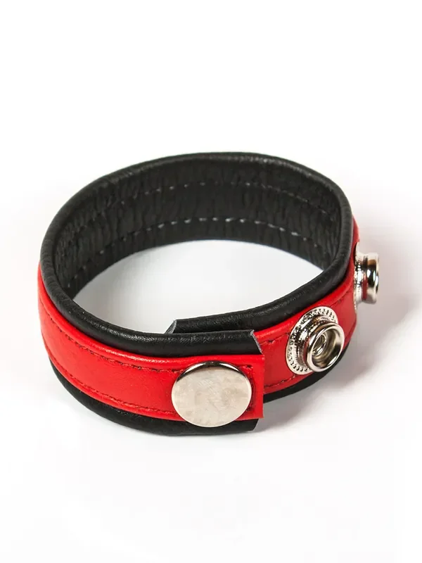 Black Label 3 Snap Leather Cock Ring Penis- und Hodenriemen, schwarz/rot