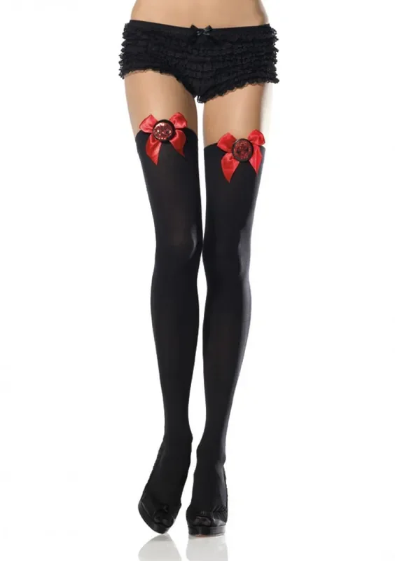 Blickdichte Strumpfhose mit roter Schleife und Totenkopf in Schwarz