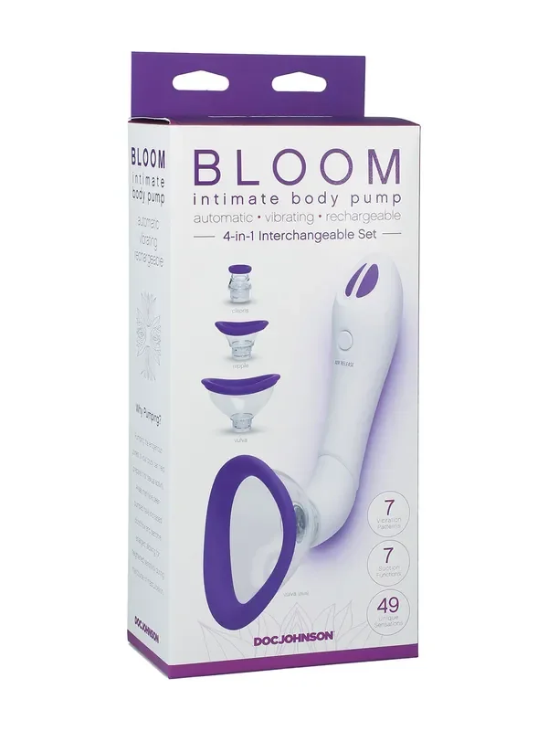 Bloom – Intimate Body Pump Körperpumpe mit 4 Aufsätzen, lila/weiß