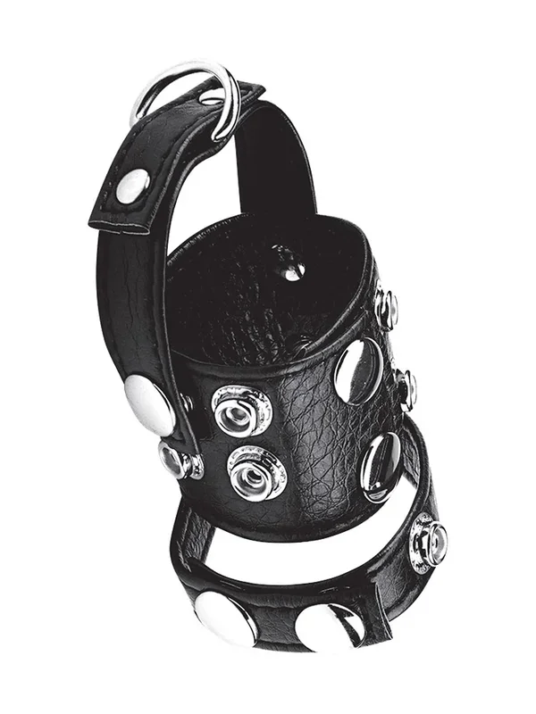 Blue Line 1,5“ Cock Ring/Ball Stretcher: Kunstleder-Penisriemen mit Hodenstretcher/-teiler, schwarz