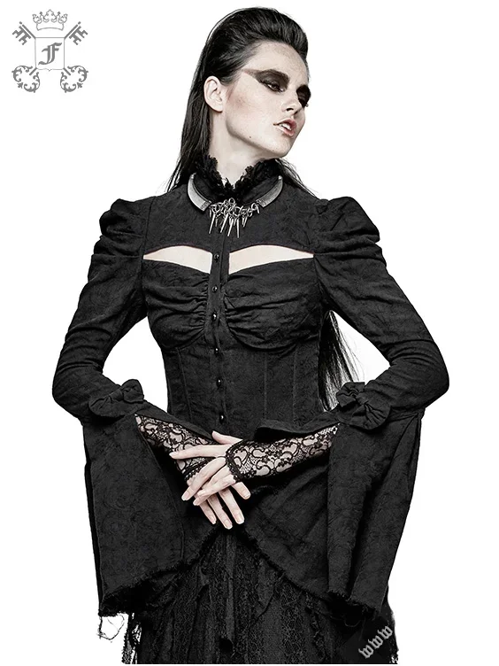 Bluse mit hohem Kragen und langen Ärmeln