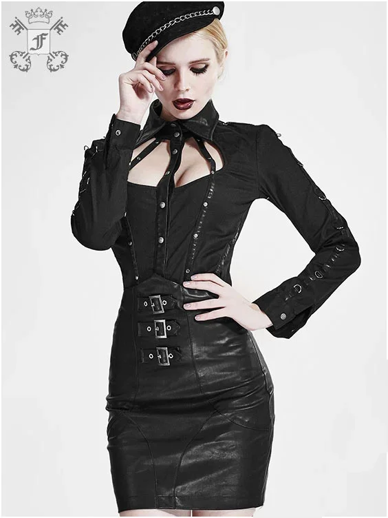 Bluse mit Kunstlederdetails und D-Ringen (Grösse: L)