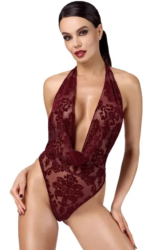 Body aus Netz mit floraler Flockstickerei – Rot