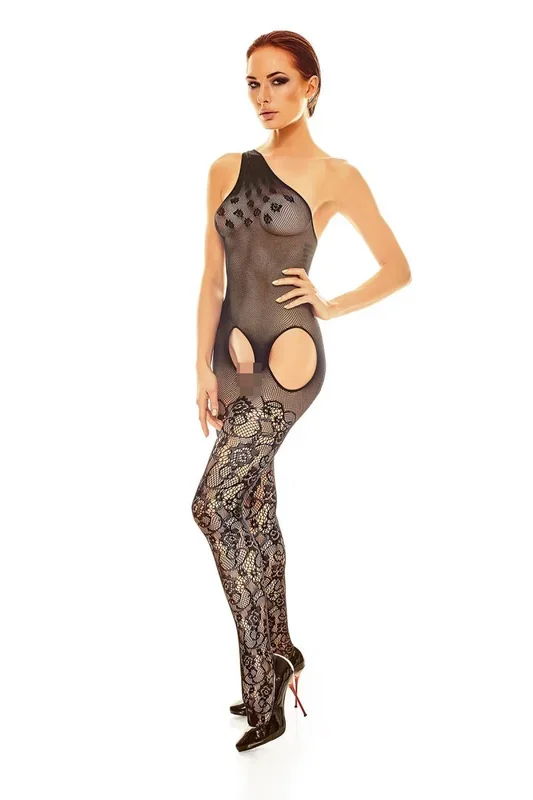 Bodystocking aus grobem Netzmaterial mit Blumen und Spitzenmuster