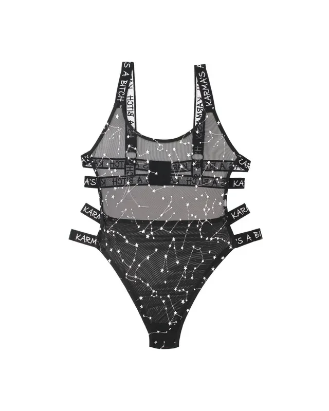 Bodysuit mit Tierkreiszeichen bedruckt – Schwarz/Metallic