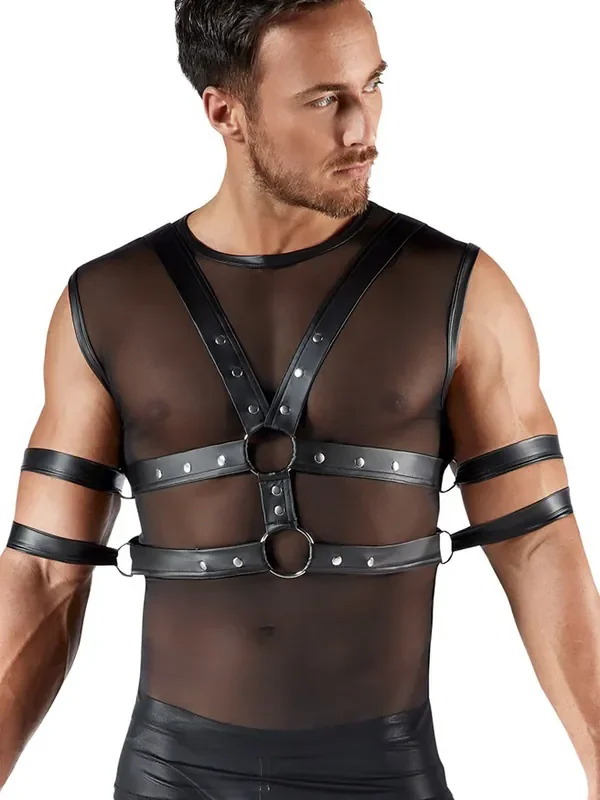 Bondage-Shirt mit Brust-Harness, schwarz