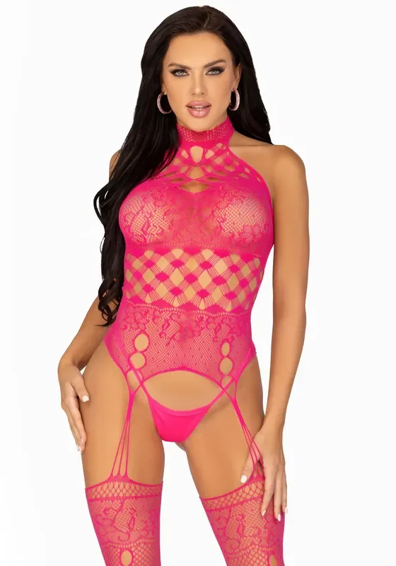 Catsuit mit Halterneck und Strumpfhalter – Rosa