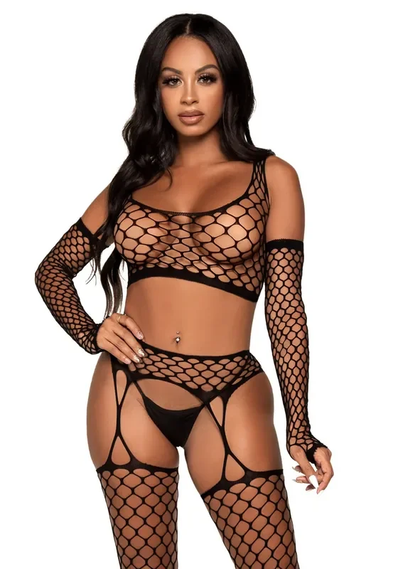 Crop Top, Strümpfe und Handschuh-Set – Schwarz