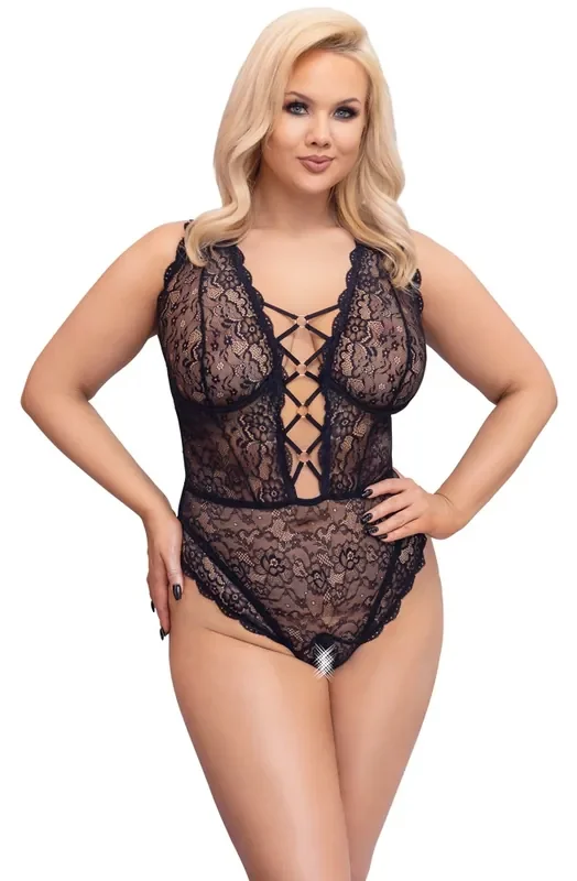 Curvy Spitzen-Body Plus Size Ouvert Schnürung