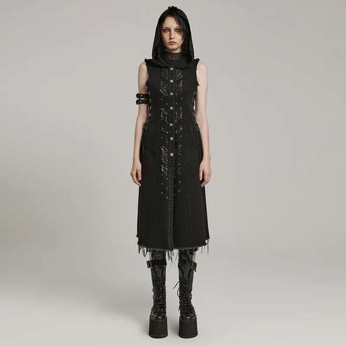Dark-Punk Denim-Weste mit Kapuze