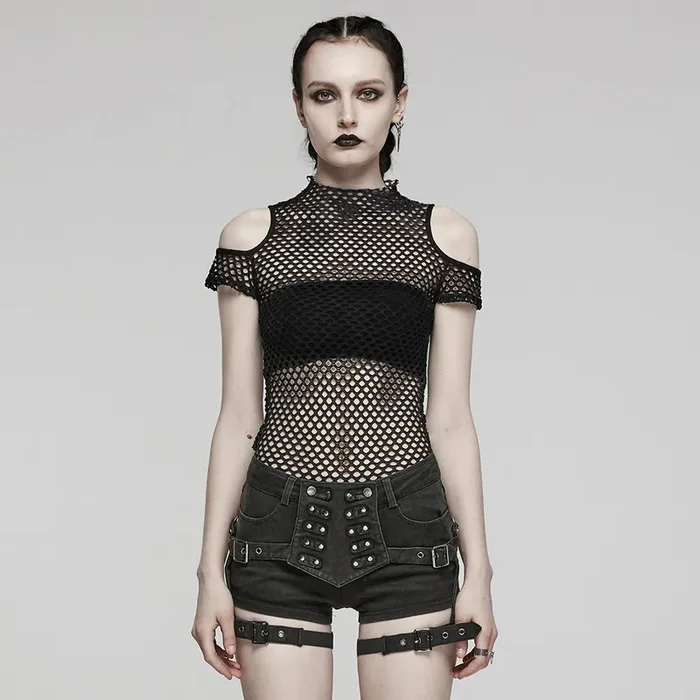 Dark-Punk Mesh-Top mit Cold-Shoulder-Design