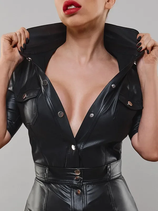 Demoniq TDLotte001 Wetlook-Hemdbluse, schwarz