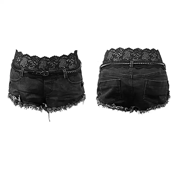 Denim Shorts mit Spitzenbund und Destroyed-Hem
