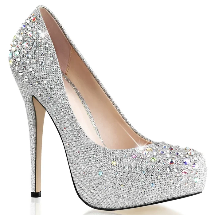 Destiny-06R (High Heel Größe: 8 – Gr. 38, High Heel Farbe: Silber Glitter Netzgewebe Stoff – Gewebe)