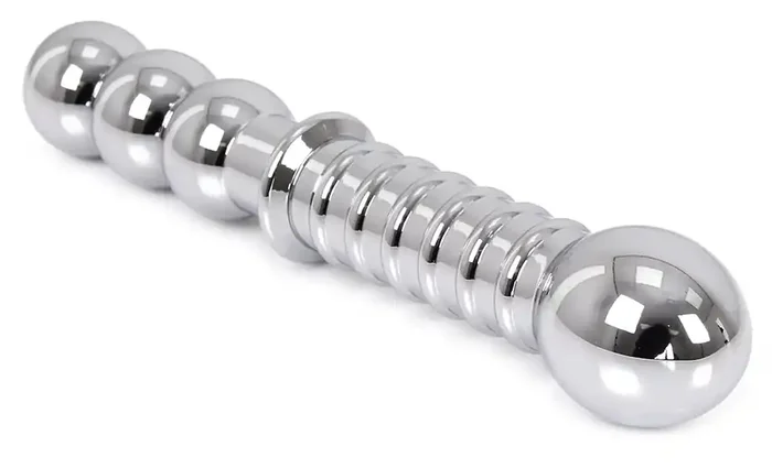 Doppeldildo aus geripptem Metall 19 x 3,5 cm
