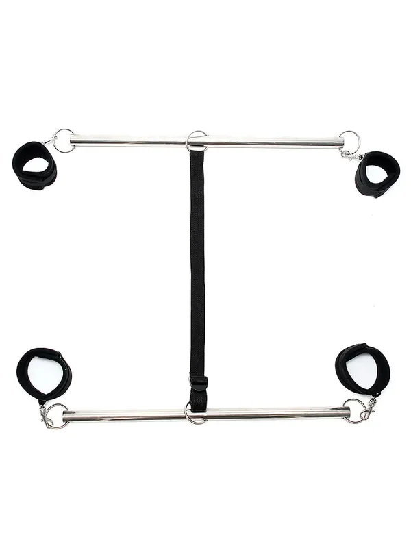Double Spreader Bar Doppelspreizstange mit Soft-Fesseln, schwarz/silber