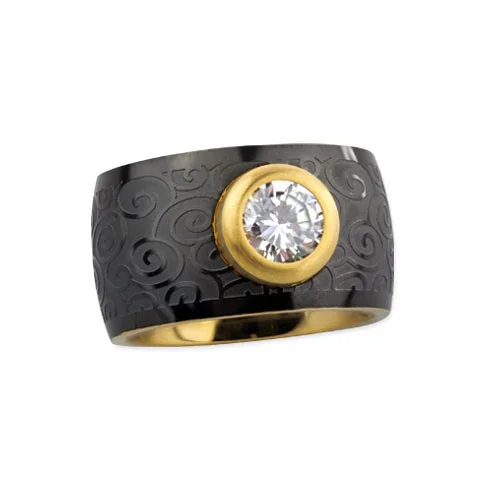 Edelstahlring ‚Spiralen‘ mit Zirkonia schwarz-gold