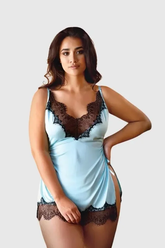 Elena Spitzen-Babydoll-Set mit Sexy Tanga – Blau