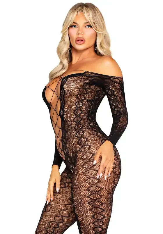Exotischer Bodystocking mit Schlangenmuster und offenem Schritt