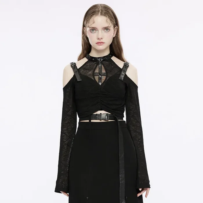 FIgurbetontes Nu Goth Sheer Crop Top mit Faux-Leder-Details