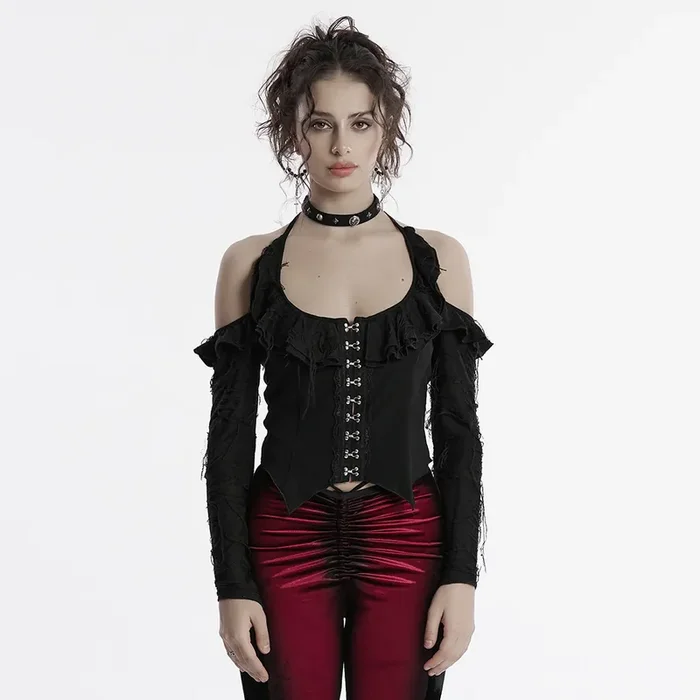 Gothic Halterneck Top mit Rüschen und Distressed-Details