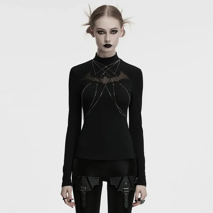 Gothic Langarm-Top mit Fledermaus-Mesh & Ketten