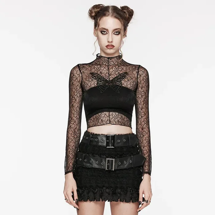 Gothic Mesh-Top mit Schmetterlings-Stickdetail