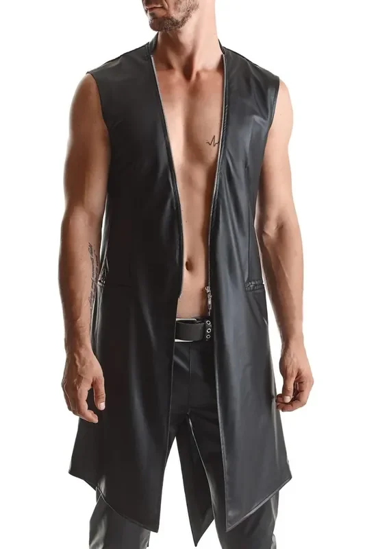 Halblanger Wetllook Herren Mantel schwarz