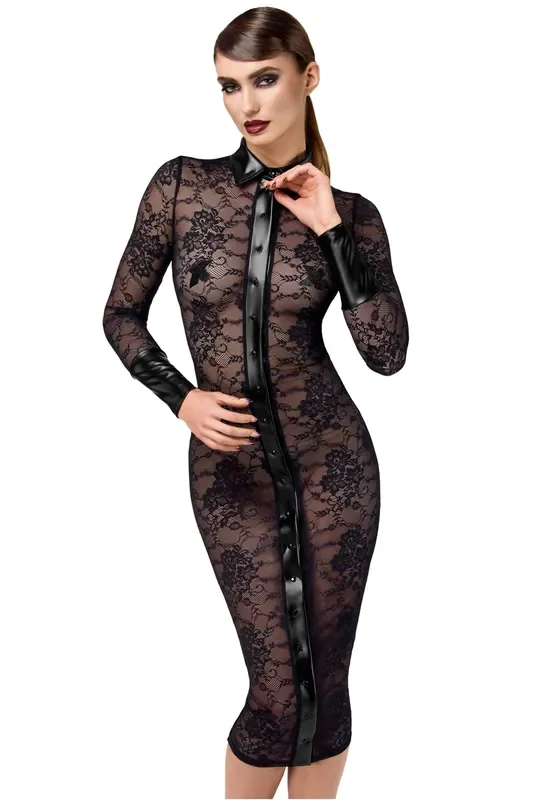 Halblanges Kleid aus Spitze mit Wetlook-Akzenten – Schwarz