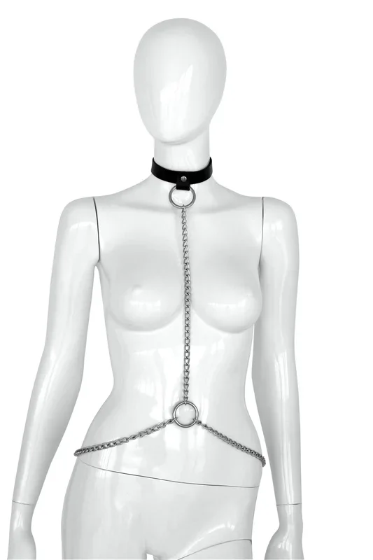 Harness mit Halsfessel und Kette – Kunstleder