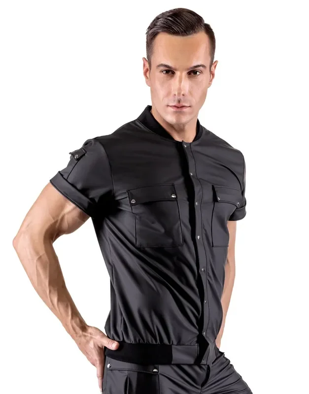 Herren-Hemd im Blouson-Style mit Taschen im edlem Mattlook mit durchgehender Druckknopfleiste