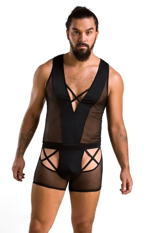Herren Lingerie Set mit Cutouts aus transparentem Stoff