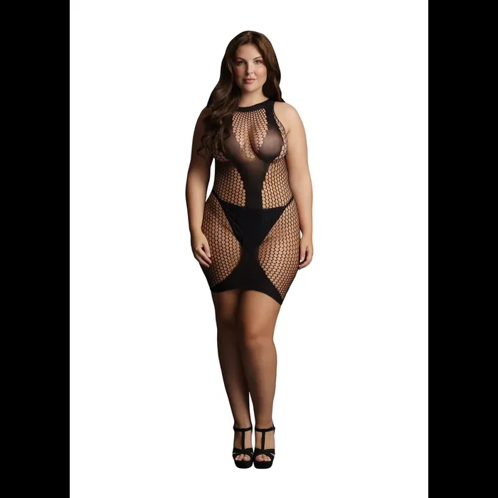 High Neck Net Contrast Mini Dress – Plus Size
