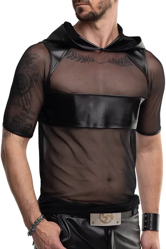 Kapuzen Netz-T-Shirt mit Wetlook-Bruststreifen – Schwarz