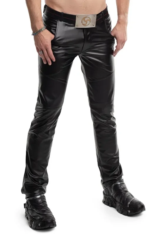 Klassische Wetlook-Hose mit perforierten Einsätzen – Schwarz