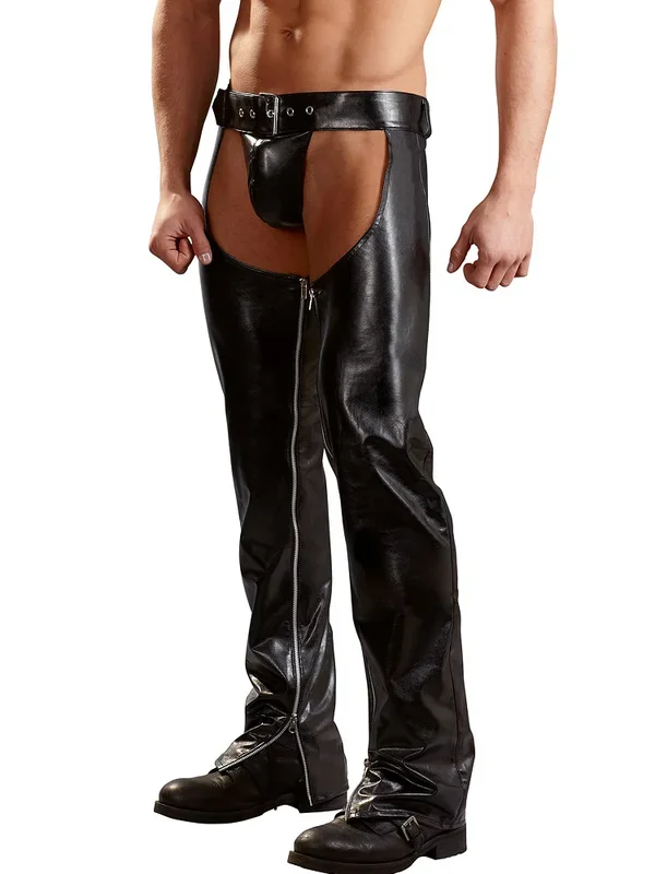 Kunstleder-Chaps und String, schwarz