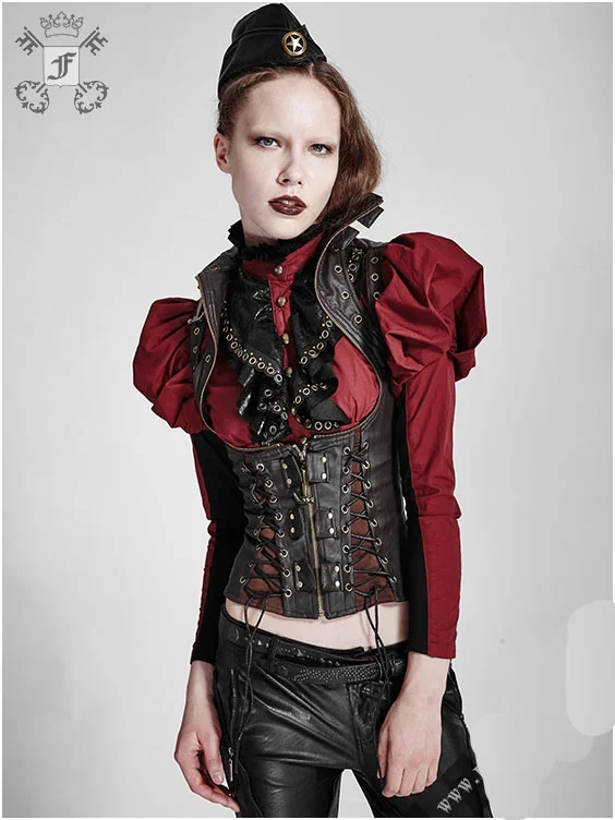 Kunstleder-Corsage mit hohem Kragen und Schnürungen braun (Grösse: XXL)
