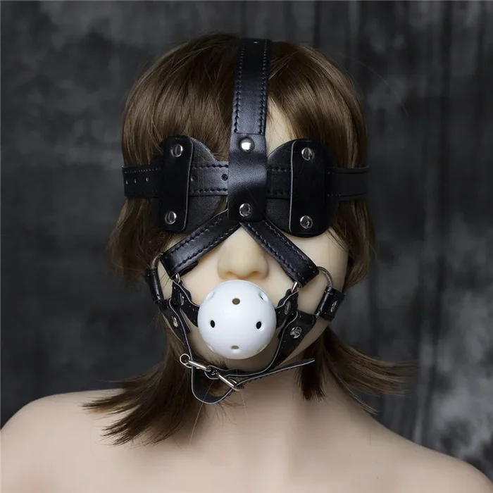 Kunstleder Knebelharness mit Augenpads
