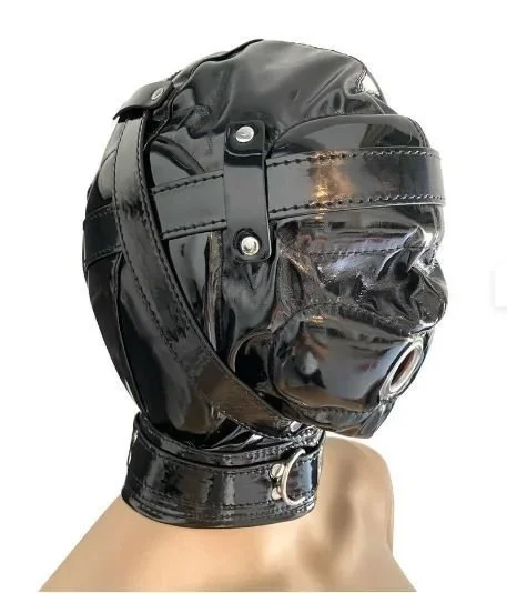 Kunstleder Kopfmaske gepolstert Hood Isolations Lack Maske schwarz