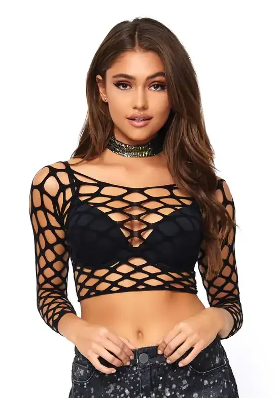 Langärmeliges Lochnetz-Crop-Top